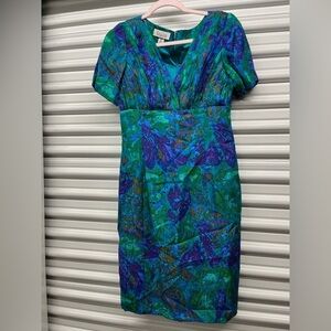 Gillian Blue and Green Silk Pleated Sheath Dress Size 8